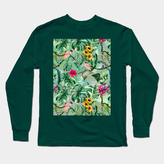 Cute tropical floral leaves botanical illustration, tropical plants,leaves and flowers, mint green leaves pattern Long Sleeve T-Shirt by Zeinab taha